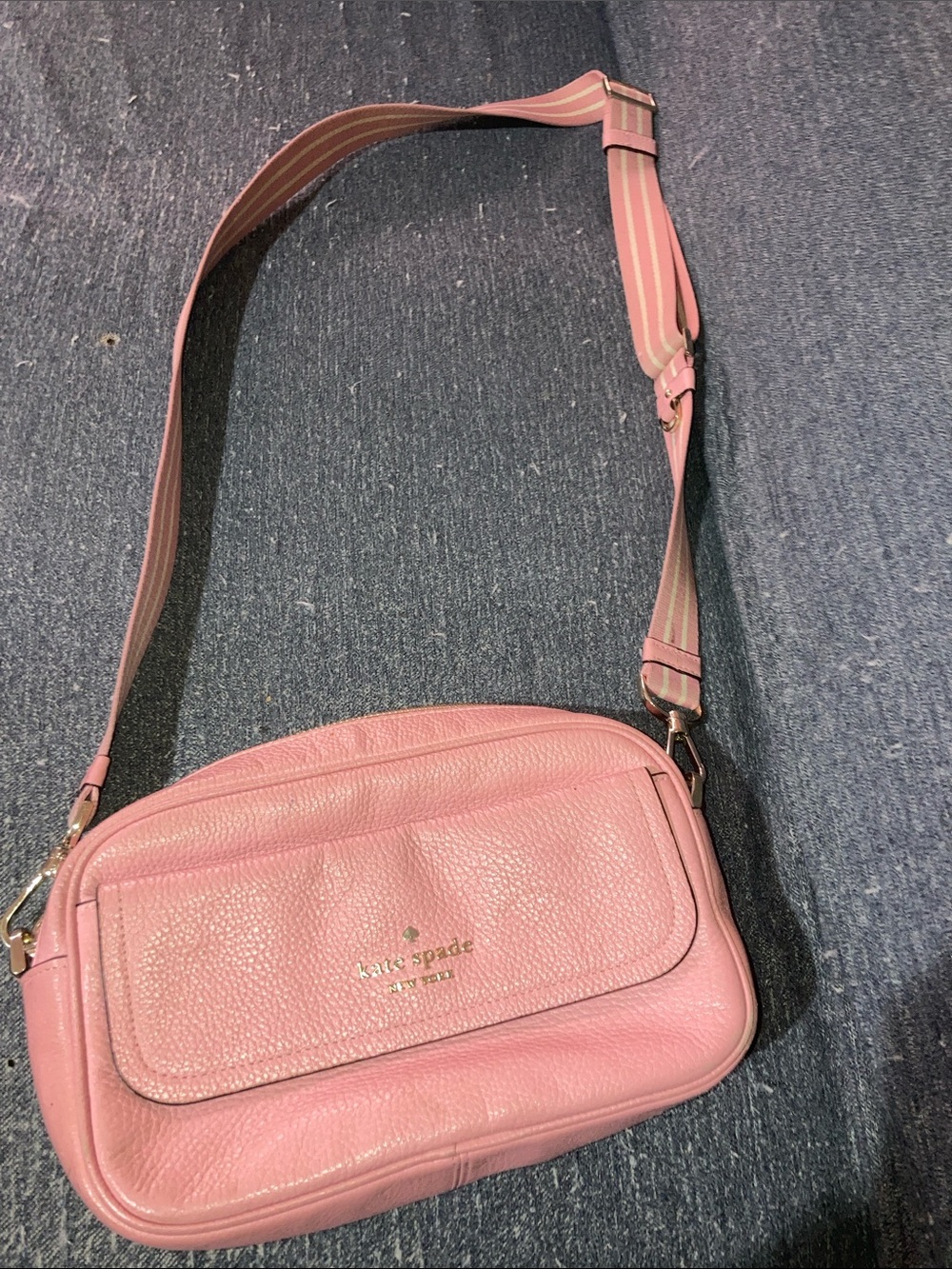 kate spade Pink Pebbled Leather Crossbody with Striped Strap